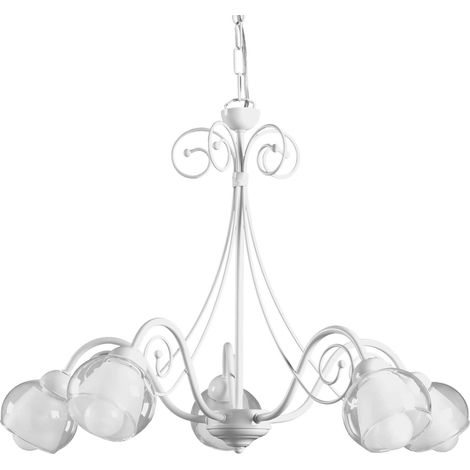 Lustre 5 lumières en métal blanc brillant avec abat-jour (1/2)