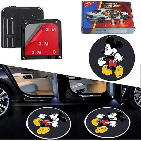Lot de 2 projecteurs lumineux sans fil universels pour portières de voiture Mickey, effet fantôme, éclairage d'accueil et de courtoisie. (1/3)