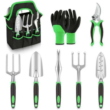 Ensemble outils jardinage 8 pièces durables avec sac et gants, cadeau jardinier - Vert