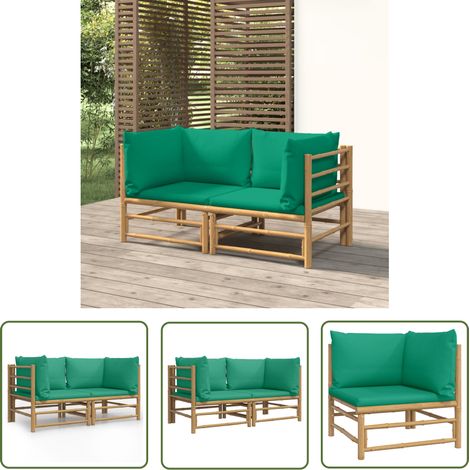 The Living Store Canapés d'angle de jardin avec coussins vert 2 pcs bambou - Canape D'angle - Mobilier De Jardin - Salon De Jardin - Bambou - Canapé Extérieur (1/5)