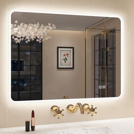 60x80cm Miroir-LED-Salle-de-Bain-avec-Éclairage, Dimmable, 3 Couleurs Lumière, Anti-buée, Mémoire, IP44 Verre Trempé HD Miroir-Mural, Horizontal/Vertical (1/5)