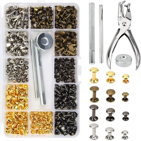 240 Setsrivet cuir Set double Casquette Rivet clous en métal tubulaire 3 tailles avec 3 Pièces Outil de Fixation et Punch Pince, Pour Cuir Artisanat Veste Portefeuille Sac à Main (1/5)