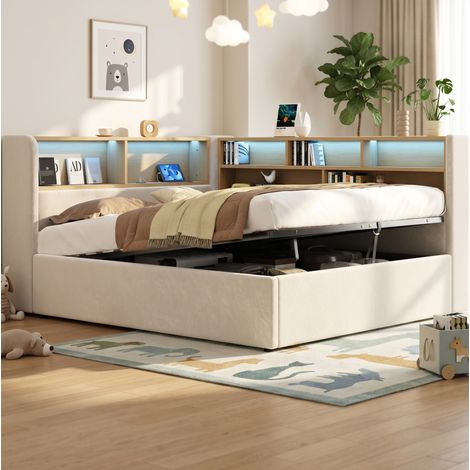 Letto contenitore 140x200 cm con sollevamento idraulico, LED, USB e Type-C, velluto beige HAVRYA (1/5)