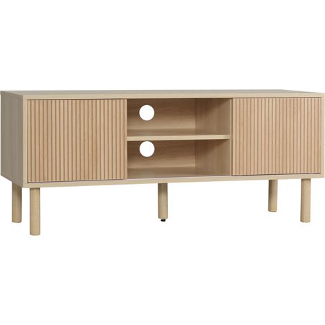 Un meuble TV adapté aux téléviseurs de 50 pouces et moins, doté de deux portes coulissantes, de deux étagères ouvertes et d'un système de gestion des câbles – 115 x 40 x 49 cm.