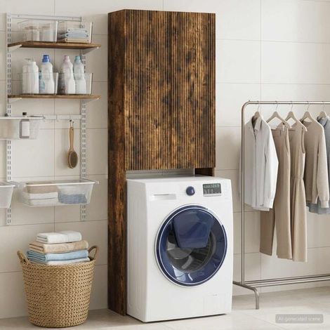 Armoire de Salle de Bain en Bois Chêne Fumé, Meuble Rangement Haut 66x25,5x190 cm, Colonne de Douche avec Étagères, Style Scandinave Moderne pour WC et Salle d'Eau (1/5)
