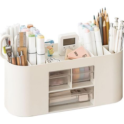 Boîte de rangement pour stylos, organiseur de bureau, 10 compartiments, grande capacité, tiroir transparent à double couche, peut contenir des crayons, des crayons de couleur, divers articles de papet (1/5)