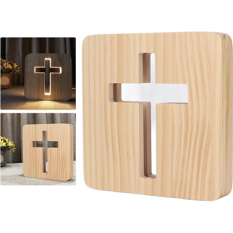 Lampe de Table LED 3D Bois Motif Croix Veilleuse USB Décoration Chambre Salon (1/4)