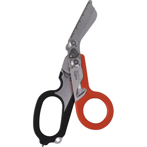 Ciseaux d'intervention d'urgence pliables avec coupe-anneau, brise-vitre et fonction de verrouillage pour une utilisation intérieure et extérieure, noir et orange. (1/5)
