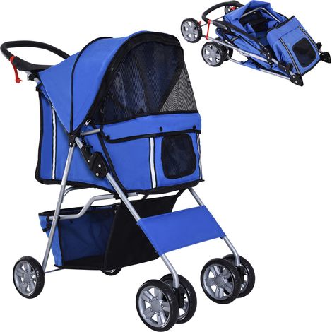 Carrito para perros plegable con toldo ajustable cesta de almacenaje ventanas de malla portavasos y 2 ruedas universales 75x45x97 cm azul (1/9)