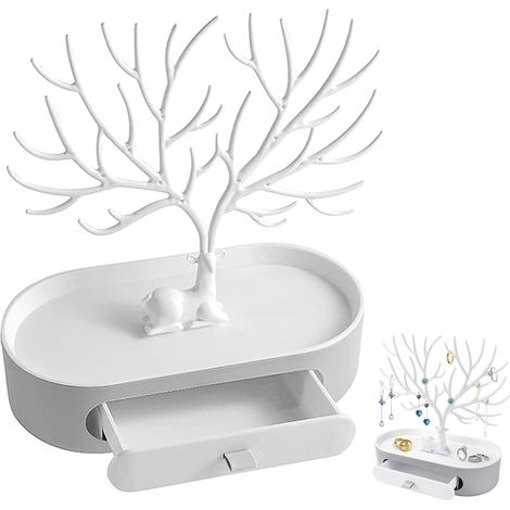 Exhibidor de joyas, blanco, 3 en 1, tipo árbol, con cajón, organizador de joyas, soporte con forma de asta de ciervo para collares, pulseras, anillos y pendientes (1/5)
