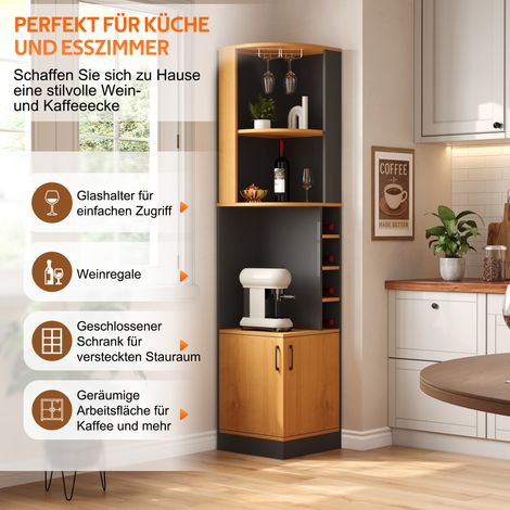 Meuble à vin d'angle 40×40×182cm avec casier à verres, système de rangement d'angle haut pour la cuisine, avec casier à bouteilles et portes, autoportant, comptoir bar peu encombrant, convient pour la (1/5)