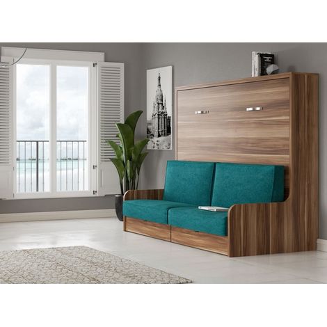 Lit escamotable horizontal 140x200 avec canapé tissu Kalian-Coffrage Blanc-Façade Blanche-Canapé Rouge (1/5)