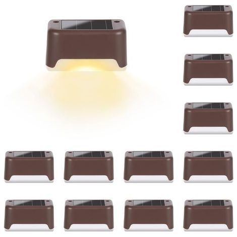 Juego de 12 luces solares impermeables para terraza, escaleras, valla, jardín, patio y entrada de vehículos (blanco cálido). (1/5)