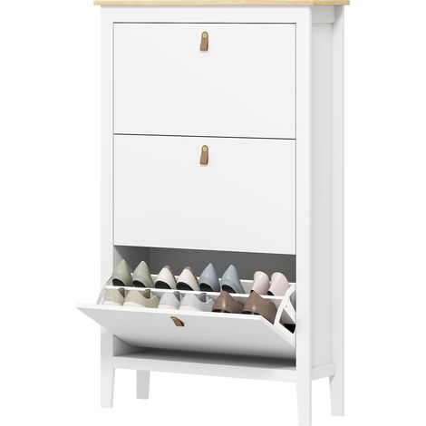 Étagère à chaussures étroite 3 compartiments, blanc et bois, avec poignées similicuir, 80x24x131 cm, pour couloir et entrée