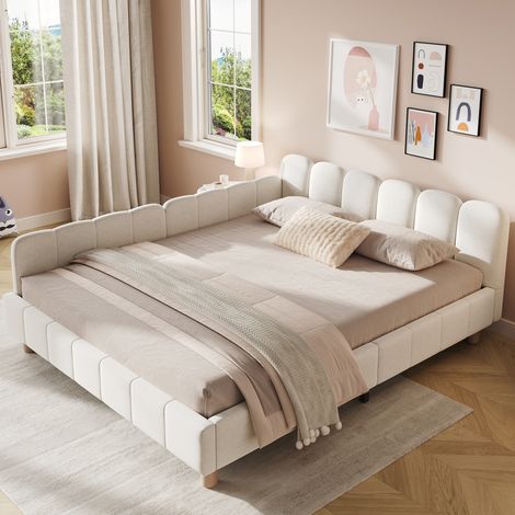 Letto matrimoniale 140x200 cm, testiera imbottita, braccioli trasformabili, tasche laterali, velluto beige (1/5)
