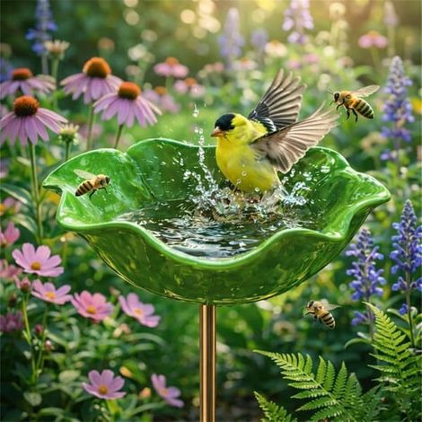Abreuvoir à oiseaux en métal avec fleurs, fabriqué à la main, résistant à l'hiver, pour oiseaux de jardin et terrasse, vert, 15 cm. - couleur (1/3)