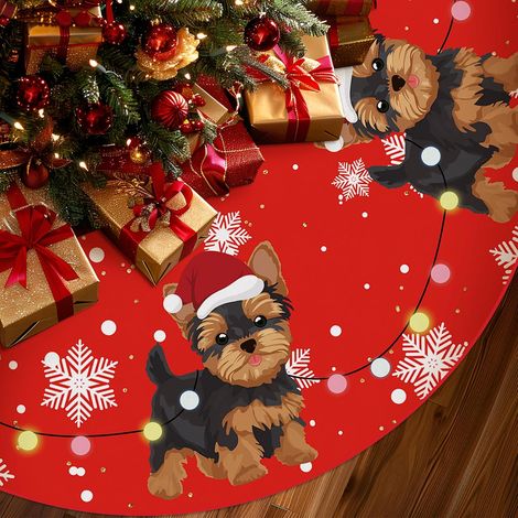 Falda roja para árbol de Navidad, estampado Yorkshire Terrier, tapete para árbol, 120 cm, decoración navideña de invierno para el hogar. (1/5)