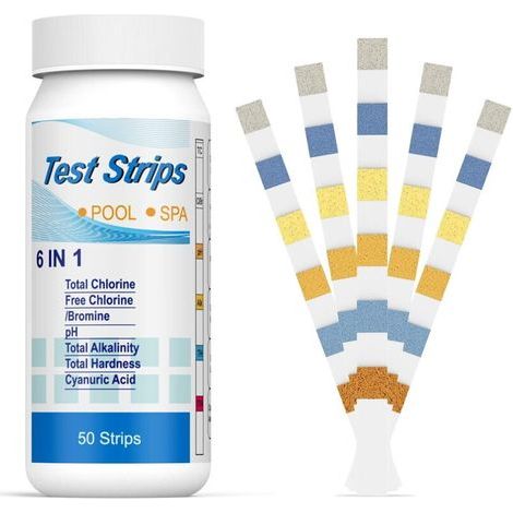 6-in-1 Teststreifen für Schwimmbäder, Brom, Whirlpools und Thermalbäder Wasserqualitäts-Teststreifen für Gesamtchlor, freies Chlor, Alkalinität, Cyanursäure und allgemeine Wasserhärte (50 Stück)