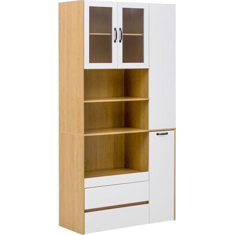 Aparador alto de cocina con vidrio acanalado, cajones y estantes ajustables MDF blanco natural (1/5)