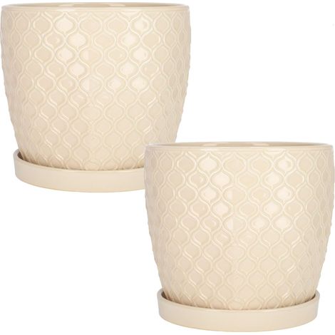 KOTARBAU Lot de 2 pots de fleurs en céramique - Pour plantes - Diamètre : 20 cm - Crème - Vintage - Avec bac d'égouttement - Motif écailles de poisson (1/5)