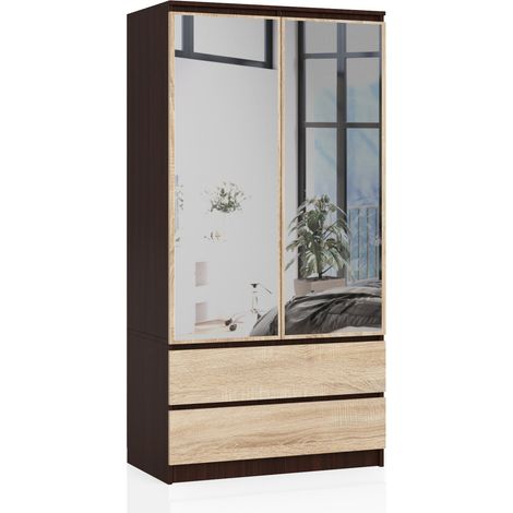 Akord – Armoire penderie 90 cm avec miroir – 2 portes battantes – 2 tiroirs – 4 étagères – Panneau stratifié Wengé et Chêne Sonoma – 180x51 cm