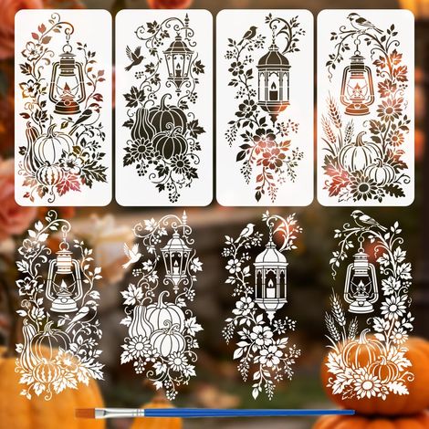 4 Pièces Pochoirs Dessin Citrouille D'Automne Lanterne Avec Pinceau 30x15cm Pochoirs Réutilisables Motifs Oiseau Vintage Floral Moisson Pour DIY Panneau Bois Toile Mur Scrapbooking (1/5)