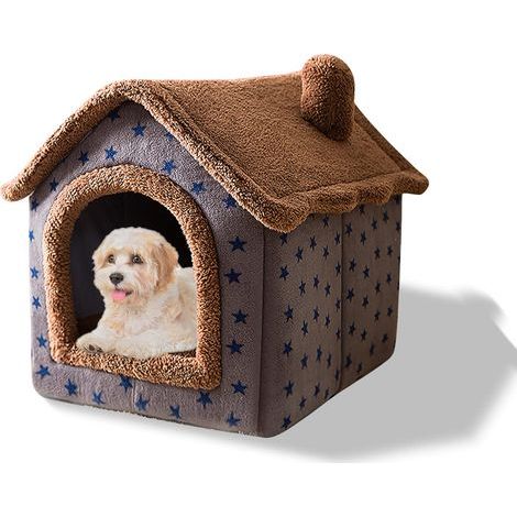 Lit grotte pour chats, lit lavable pour chiens, igloo en peluche chaud et confortable pour chats, maison pour chats pliable et confortable, lit pour chiens avec fond antidérapant (M, étoiles marron)