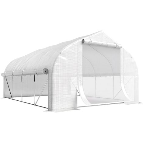 Serre tunnel jardin 12 m², serre tunnel avec porte et 8 ouvertures, bâche polyéthylène 140 g/m² 400x200x200cm blanc (1/5)