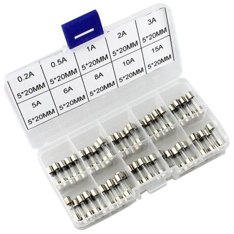 100x Ensemble de fusibles en verre à soufflage rapide, 20 x 5mm, kit de fusibles à soufflage rapide avec boîte à fusibles en plastique transparent (1/5)