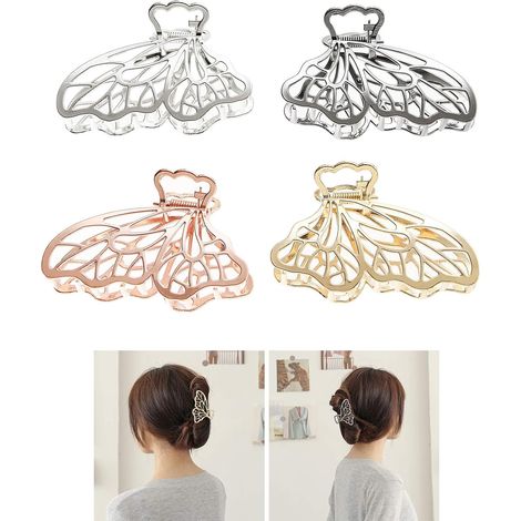 Pinces à cheveux papillon en métal, grande pince à cheveux argentée pour femmes, pinces à cheveux antidérapantes en or rose, accessoires de coiffure, cheveux épais, griffes fines, 4 pièces (or rose +  (1/5)