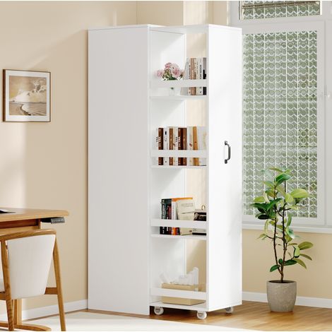 MODFU – Bibliothèque étroite 40x30x160,5 cm MDF – Roulettes et boîtes de protection – Rangement livres A4 – Bureau ou salle de bains – Blanc (1/5)