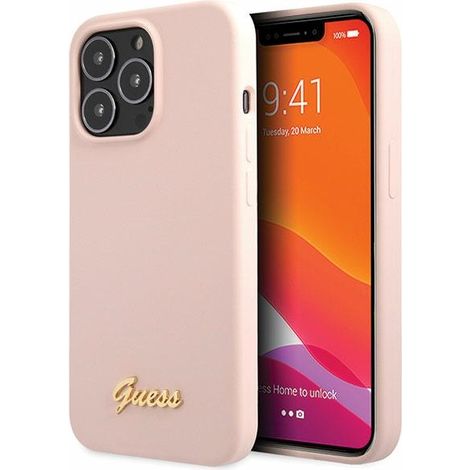 Guess GUHCP13XLSLMGLP iPhone 13 Pro Max 6,7" hellrosa/hellrosa Hartschalen-Silikonhülle mit goldenem Logo (1/5)