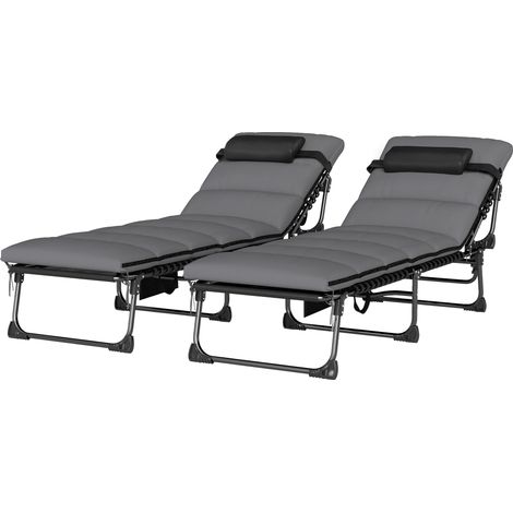 Lot de 2 Bains de Soleil Transat de Jardin Matelas XXL 9cm Inclinable 180° Plat Pliable à 5 Positions 200x57x38cm Gris