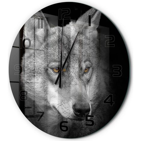 Horloge Murale Ronde Déco Salon Verre Trempé Silencieuse Design Contemporain Loup fi 60 cm (1/5)