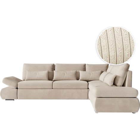 Loungitude – Canapé d'angle réversible convertible avec coffre en velours côtelé – Beige – Accoudoirs relevables pour confort sur mesure (1/6)