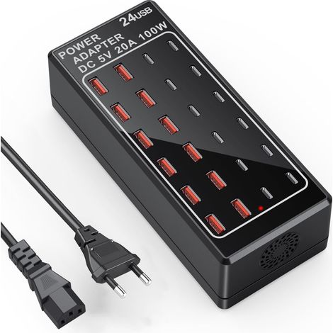 Chargeur USB C, Station de Charge USB de Bureau à 24 Ports 100W/20A, Multiprise USB, Adaptateur Secteur USB C, Prise d'alimentation USB C. (1/5)