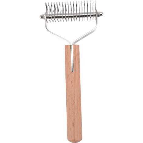 Peigne démêlant double face pour animaux de compagnie, brosse de toilettage en acier inoxydable, râteau pour sous-poil avec manche en bois pour chiens et chats. (1/5)