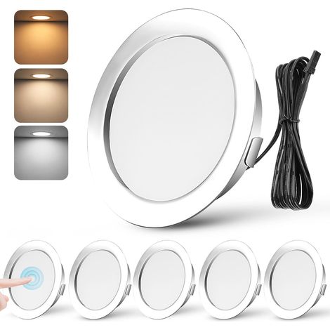 Spot LED Encastrable Dimmable 3W Spot LED 12V Extra Plat Spots de Plafond Blanc Chaud 3000K Blanc Neutre 4000K Blanc Froid 6000K Réglage Tactile Spot Encastrable avec câble de 2m, Lot de 6, Chrome (1/5)