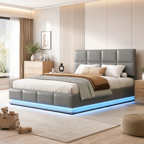 Letto contenitore 180x200 cm con LED, testiera regolabile, effetto pelle grigio chiaro HAVRYA (1/5)