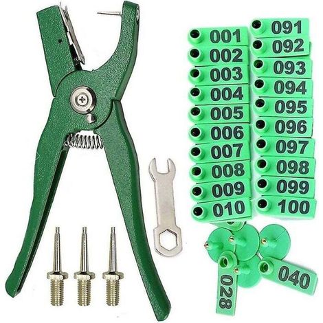 Ohrmarkenapplikator für Nutztiere, mit Ohrmarken, die von 001 bis 100 nummeriert sind (1/3)
