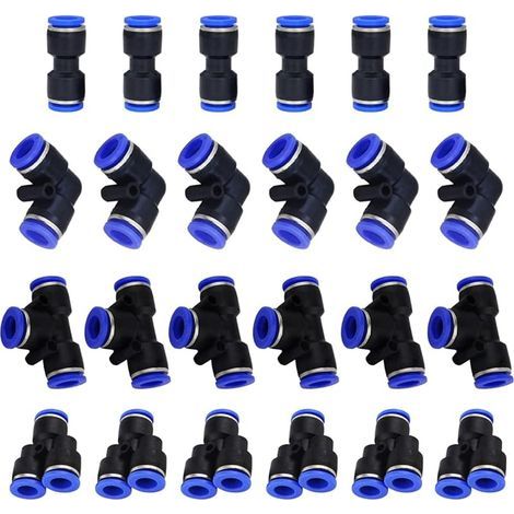 24 Pcs Connecteur Pneumatique Raccord Pneumatique 1/2 pouce Raccords Rapide Air comprimé 4 Formes pour Etancher Raccord Tube Air Comprimé-Type-Y/T/Droit/Angle (1/4)