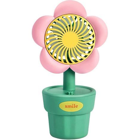 Petit ventilateur avec pot de fleurs style champêtre, chargement USB, jolie fleur, idéal pour le bureau, la chambre d'étudiant ou comme ventilateur de bureau rose (1/3)