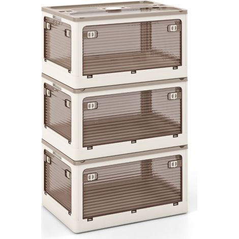 Juego de 3 cajas de almacenamiento apilables de 51,5 x 36,5 x 30 cm de fácil acceso con 5 lados estilo moderno color blanco crema PP 200018494