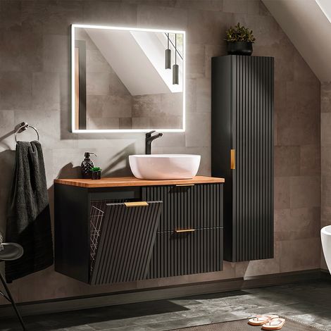 Ensemble meuble simple vasque 100cm panier à linge et colonne Adriel Noir et Bois (1/5)