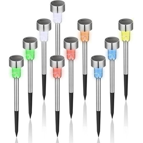 Lot de 10 lampes solaires LED d'extérieur, en acier inoxydable, étanches et alimentées à l'énergie solaire, adaptées aux cours, pelouses, jardins et aménagements paysagers multicolores. (1/4)