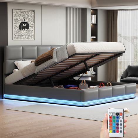 Letto contenitore imbottito 180x200 cm, similpelle, con illuminazione LED, spazio di stoccaggio idraulico, rete a doghe, telaio in metallo - Grigio chiaro