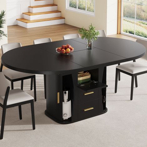 Tavolo da Pranzo Rotondo Allungabile per 6 Persone con Piano Scorrevole e Vano Contenitore, MDF, Nero (1/5)