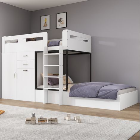Cama litera 90x200 cm - Con escritorio corredizo, armario, 2 cajones y estantes - Con somier de lamas - Blanco y negro - Sin colchón (1/5)