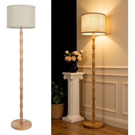 Lampadaire Bois Vintage pour Salon, Style Bohème Rustique Scandinave, Lampe sur Pied en Chêne Naturel avec Abat-jour en Lin Beige, Douille E27, 167cm Hauteur, Chambre et Lounge (1/5)