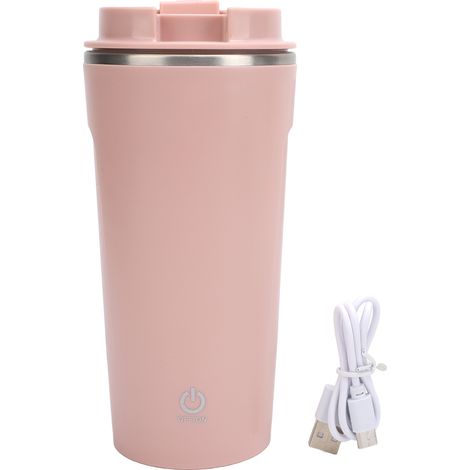 Mug à café auto-mélangeur rechargeable USB en acier inoxydable avec couvercle, rose, idéal pour le bureau, la voiture et la maison. (1/5)